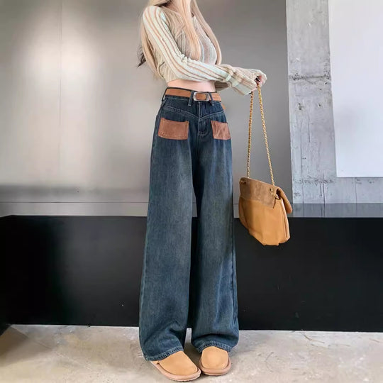 Damen Weite Jeanshose mit modischen Taschen und hohem Bund R&B