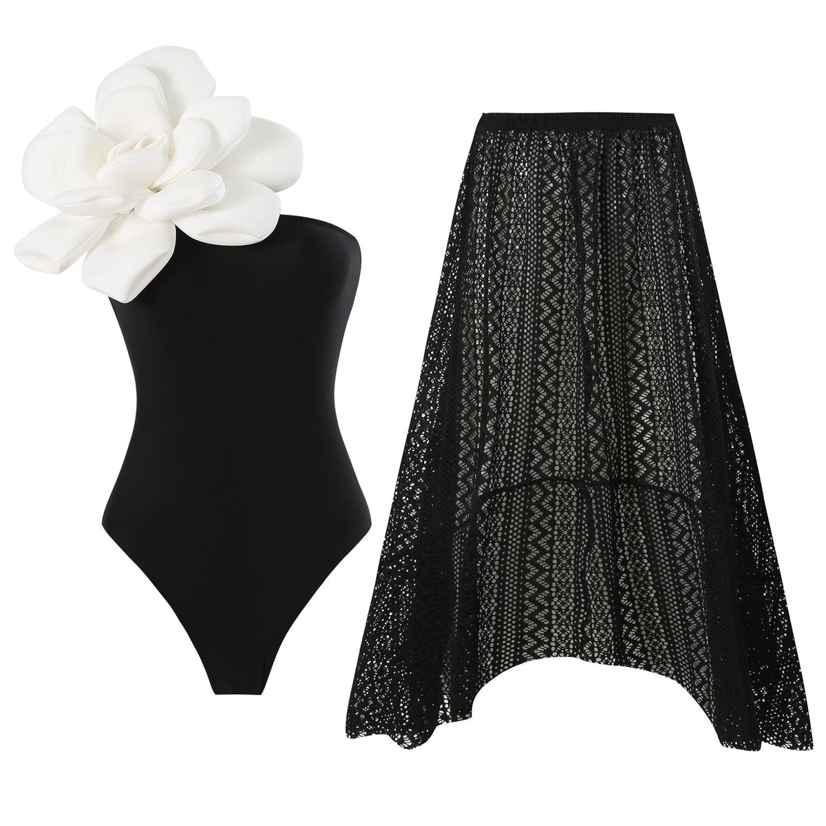 Damen Eleganter Badeanzug mit großem Blumen-Detail und transparentem Überrock R&B