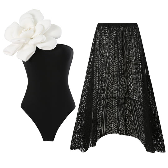 Damen Eleganter Badeanzug mit großem Blumen-Detail und transparentem Überrock R&B