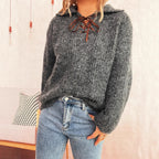 Damen lässiger Strickpullover mit dekorativem Schnürdetail und breiten Ärmel R&B