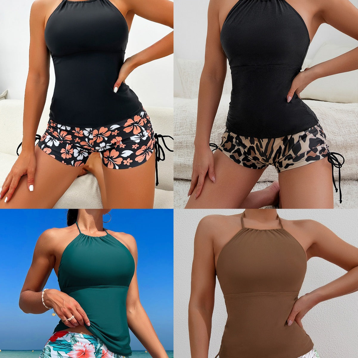 Damen Sport Top mit verstellbarem Nackenträger und floralem Muster Shorts R&B