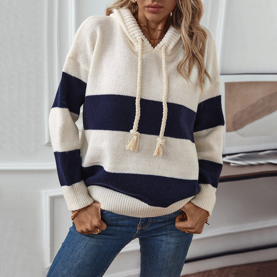 Damen Kapuzenpullover mit breiten Streifen und weichem Material R&B