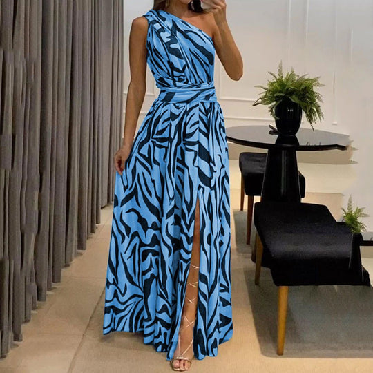 Damen Elegantes Maxikleid mit asymmetrischem Ausschnitt und Schlitz R&B