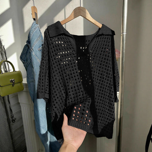 Damen luftiges Strickoberteil mit modernem Netzdesign R&B