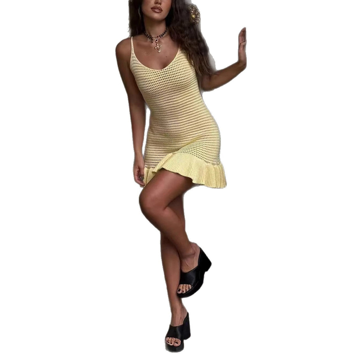 Damen Häkelkleid mit rüschendem Saum