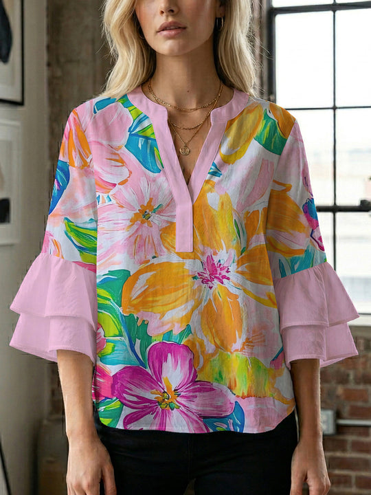 Damen Bluse mit voluminösen Rüschenärmeln und floralem Muster R&B