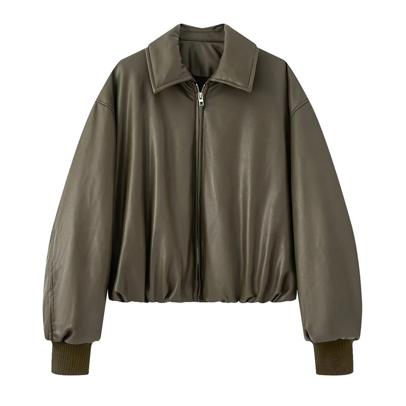 Damen lässige Boxy-Jacke aus weichem Kunstleder mit elastischem Bund R&B