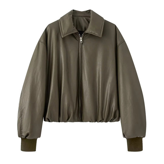 Damen lässige Boxy-Jacke aus weichem Kunstleder mit elastischem Bund R&B