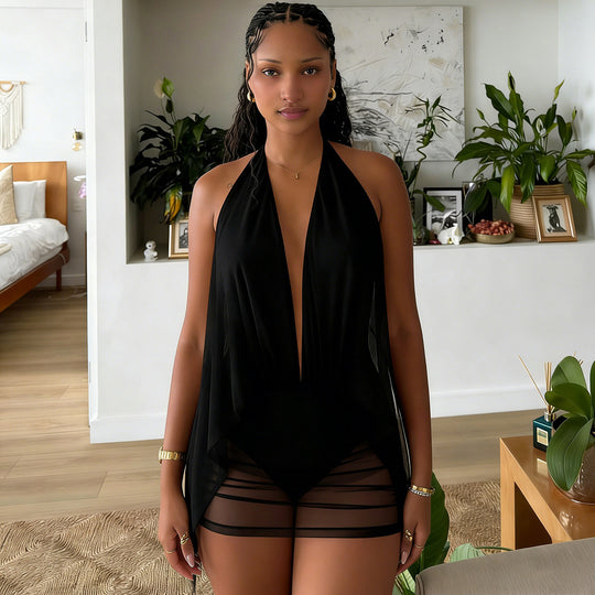 Damen kurzes lässiges Strandkleid mit tiefem V-Ausschnitt und fließender Silhouette R&B