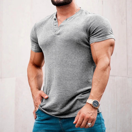 Herren nan muskelbetontes Kurzarmshirt mit Knopfleiste und V-Ausschnitt aus Baumwollstretch R&B