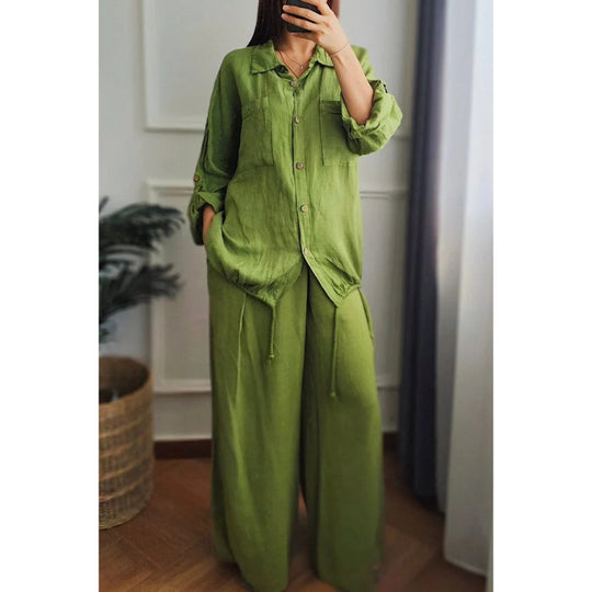 Damen Leinen-Set mit weiten Hosen undlässiger Bluse R&B