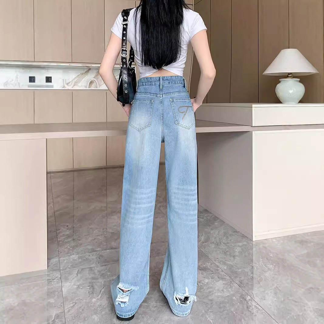 Damen Weit geschnittene Destroyed Jeans im lässigen Vintage-Stil R&B
