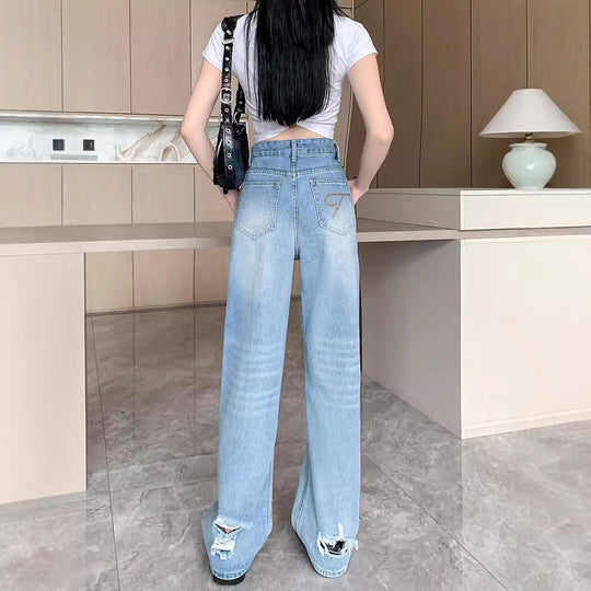 Damen Weit geschnittene Destroyed Jeans im lässigen Vintage-Stil R&B