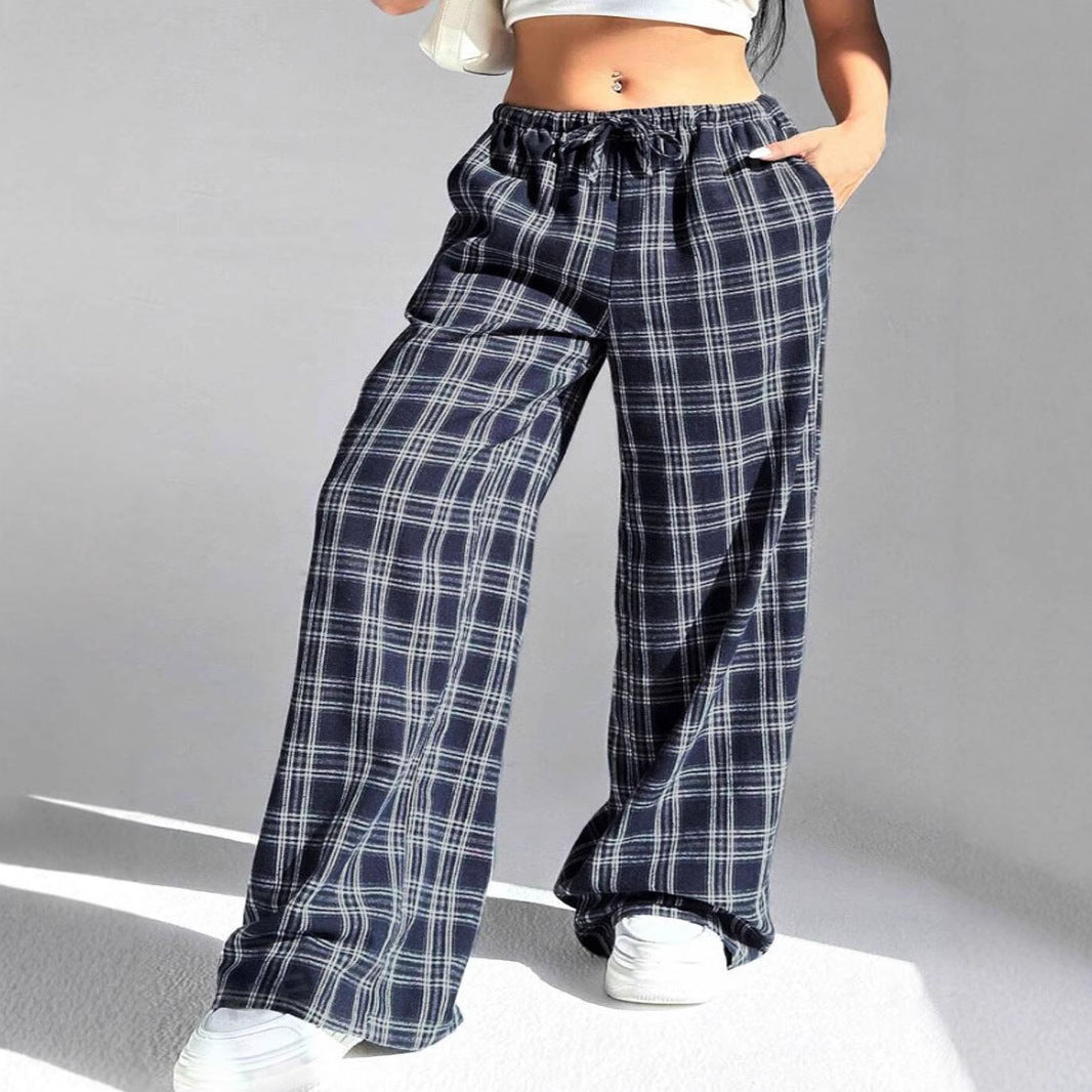 Damen Weite Karo Freizeithose mit elastischem Bund und Kordelzug R&B
