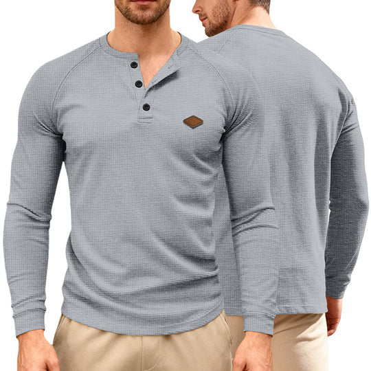 Herren nan Waffelstrick-Henley Langarmshirt mit Raglanärmeln, Halbknopfleiste und Lederlabel R&B