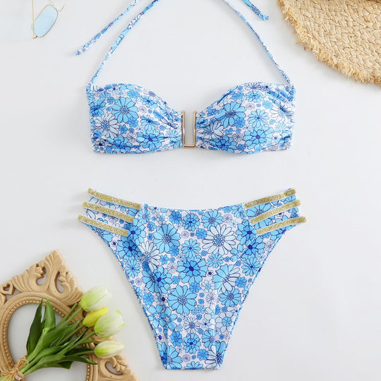 Damen Bikini-Set mit floralem Design und goldenen Akzenten R&B