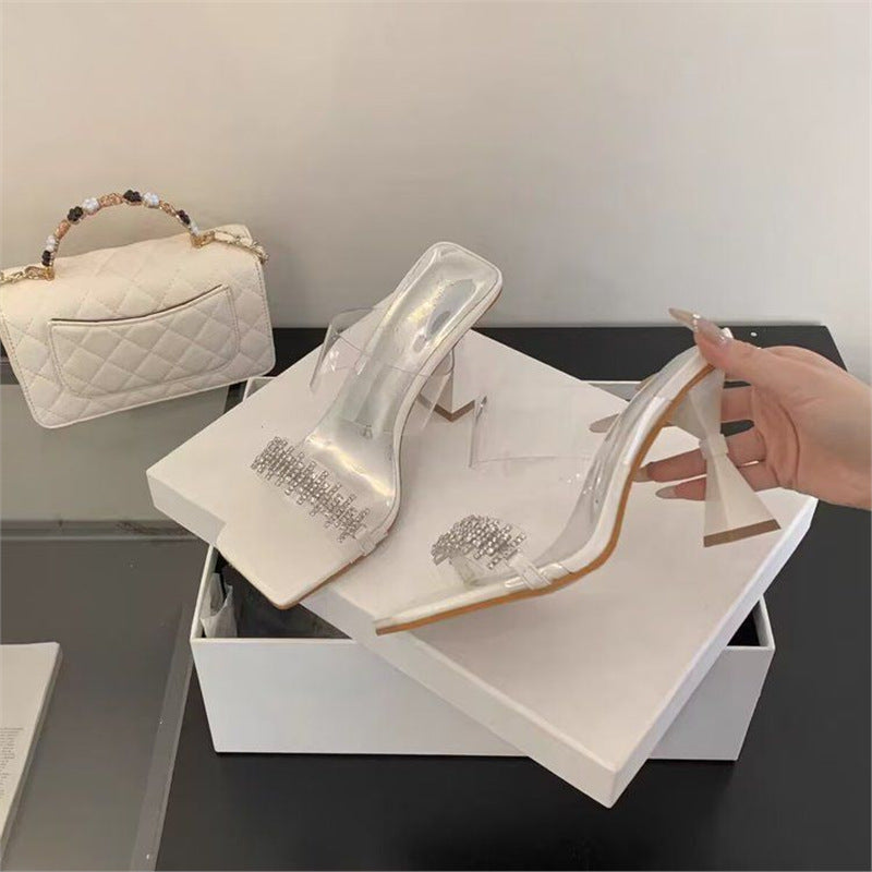 Damen elegante High Heel Sandalen mit transparentem Riemendesign und funkelnden Strassakzenten R&B