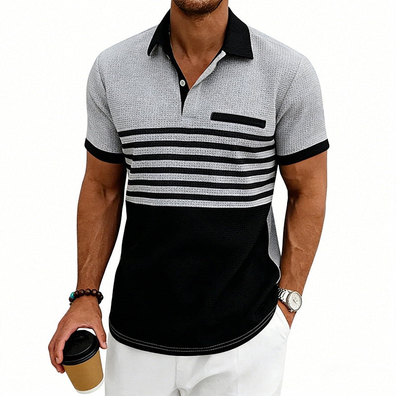 Herren nan Jacquard-Polo mit Blockstreifen, Brustblende und Baumwollmix R&B