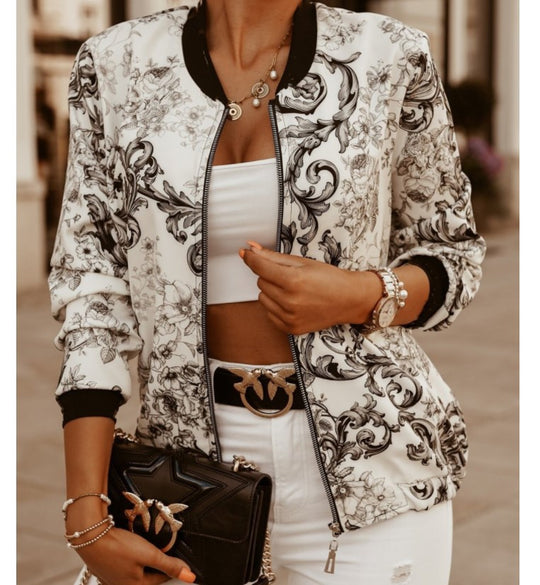 Damen Sportliche Bomberjacke mit floralem Print und Reißverschluss R&B