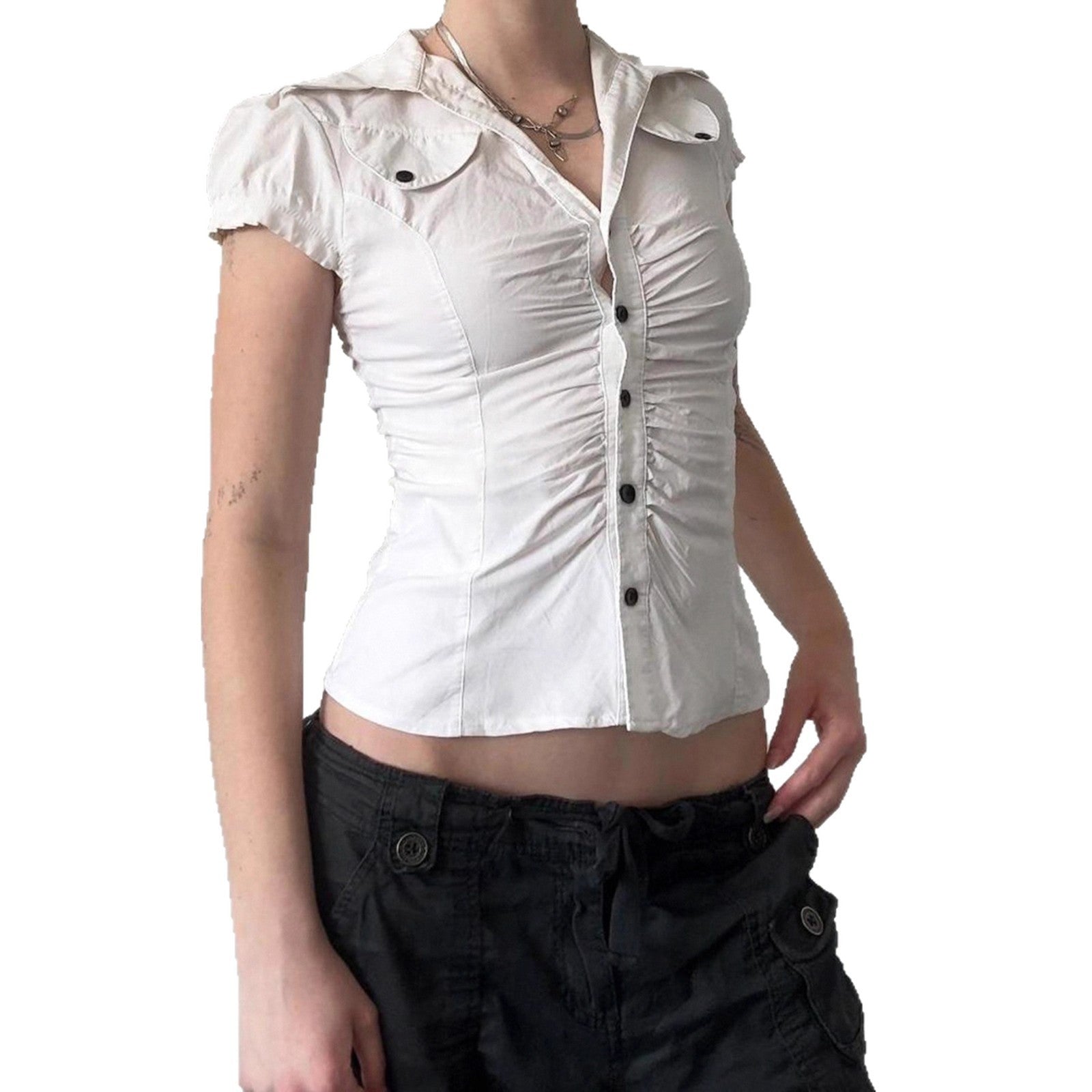 Damen figurbetontes Blusenshirt mit eleganten Rüschendetails und Knopfverschluss R&B