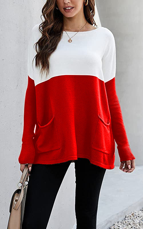 Damen Strickpullover mit großen Fronttaschen und kontrastiertem Design R&B