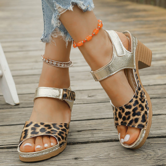 Damen Blockabsatz-Sandalen mit modischem Leopardenmuster und verstellbarem Riemen R&B