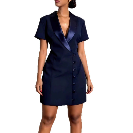 Damen Etuikleid mit schickem Satin-Kragen und modernen Knopfdetails R&B