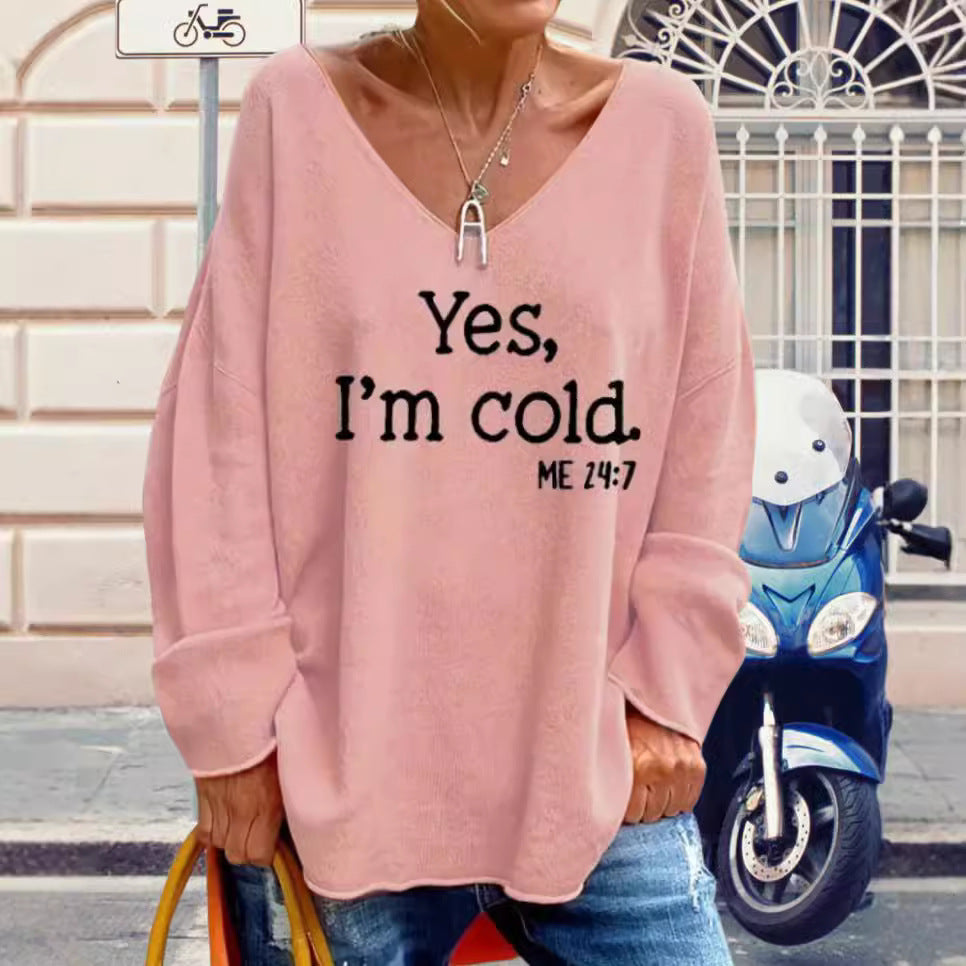 Damen Oversized Pullover mit modernem V-Ausschnitt und aufgedrucktem Statement R&B