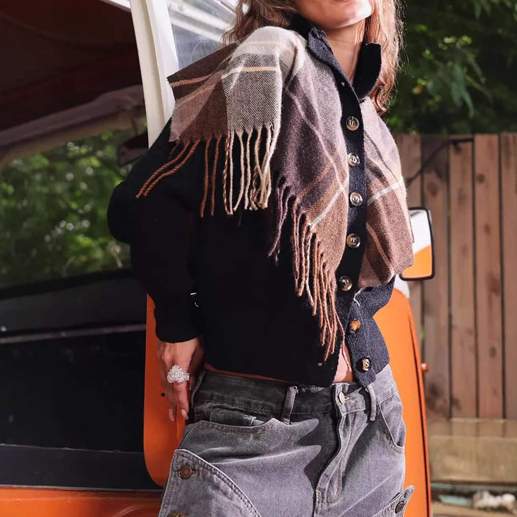 Damen eleganter Cardigan mit Fransen und dekorativen Knöpfen R&B