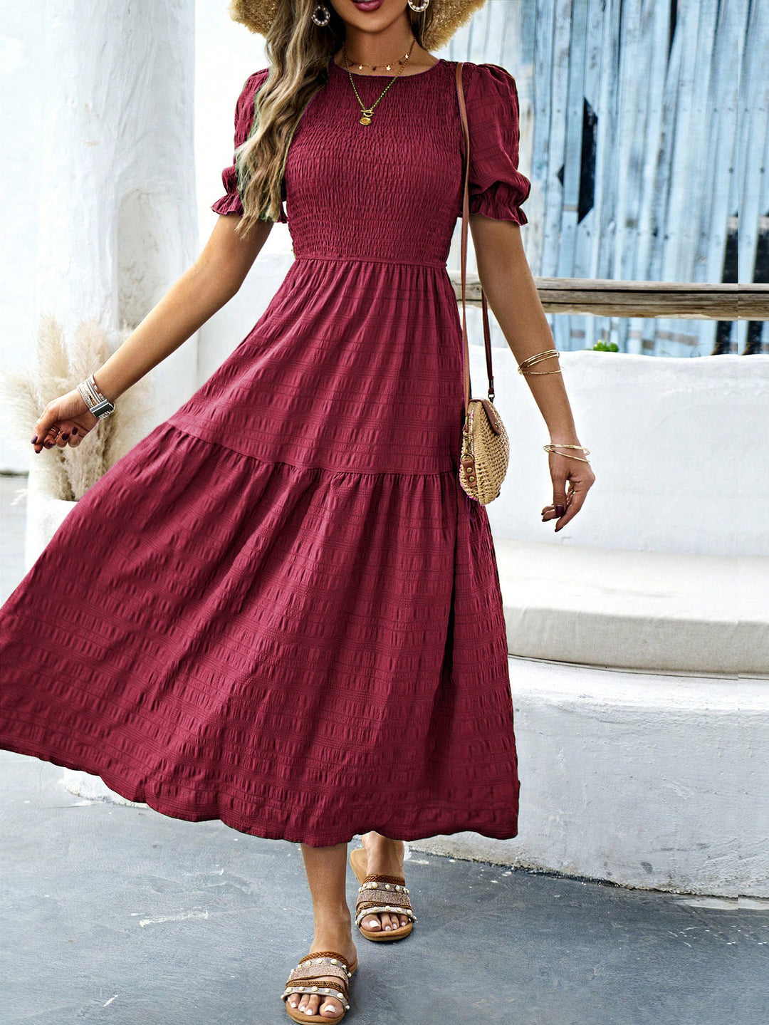 Damen Midikleid mit elastischem Taillenbund und schwingendem Rock R&B