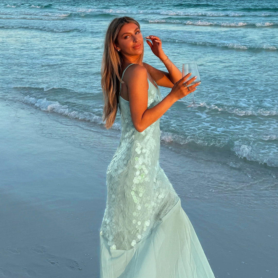 Damen schimmerndes ärmelloses Maxikleid mit funkelnden Pailletten R&B