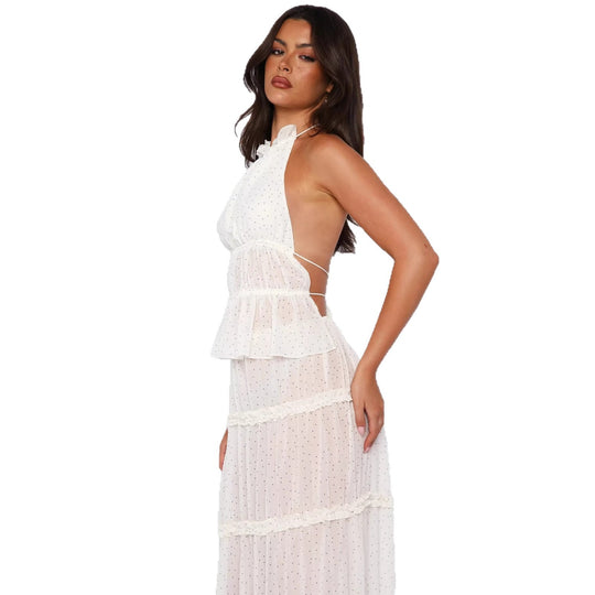 Damen Langärmliges Maxikleid mit elegantem Rüschen-Design und transparentem Stoff R&B