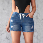 Damen Denim-Shorts mit elastischem Bund und modischen Destroyed-Details R&B