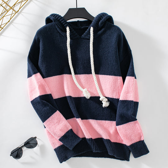 Damen Kapuzenpullover mit breiten Streifen und weichem Material R&B