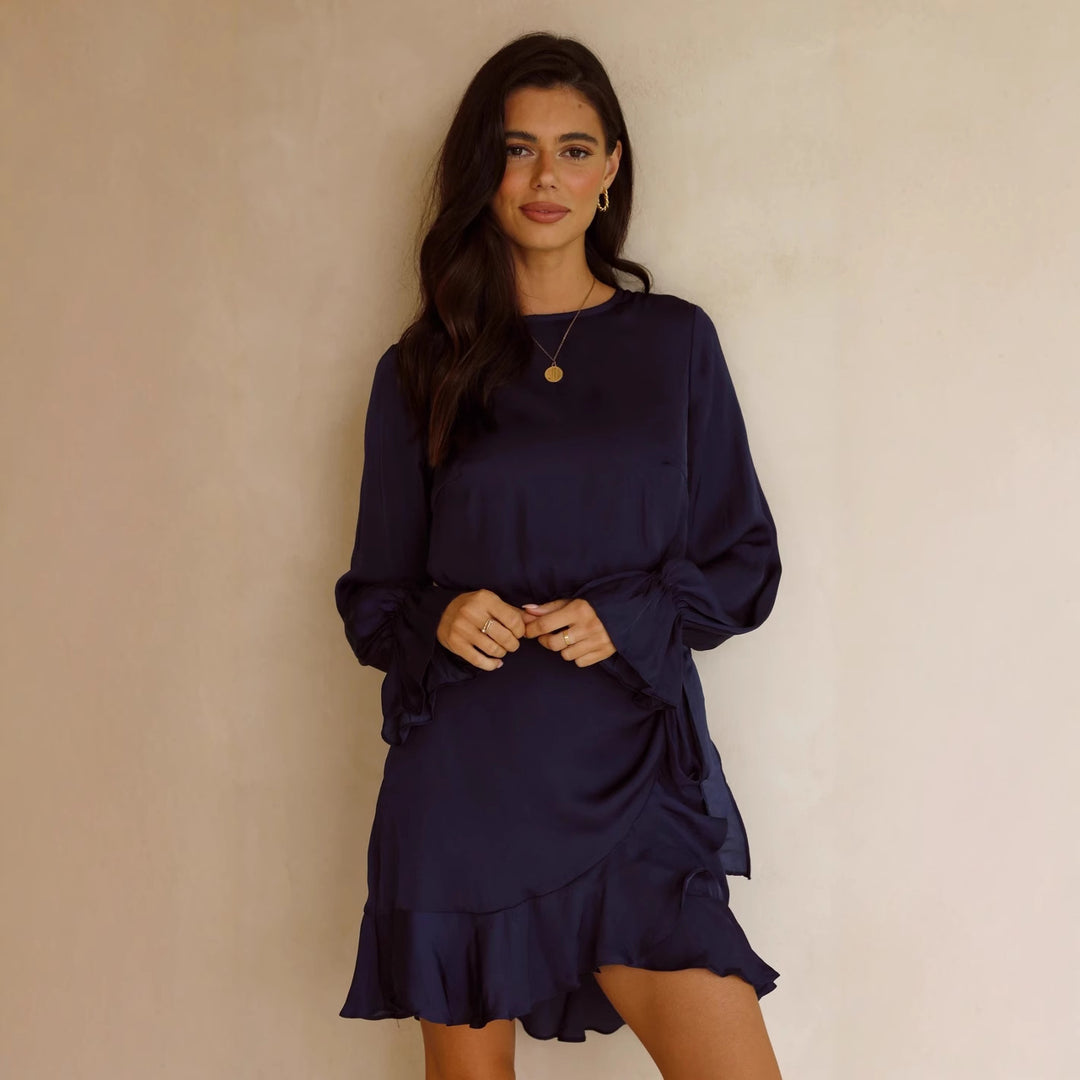 Damen Wickelkleid mit schwingenden Volant-Ärmeln und elegantem Taillenband R&B