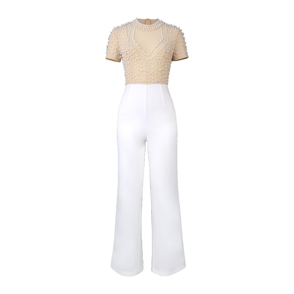 Damen eleganter Jumpsuit mit glitzernden Perlenakzenten R&B