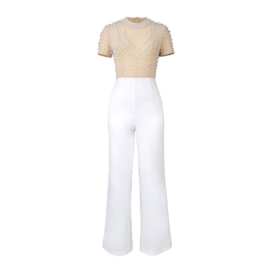 Damen eleganter Jumpsuit mit glitzernden Perlenakzenten R&B