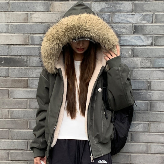 Damen gefütterte Winterjacke mit abnehmbarem Kunstfellkragen und großen Taschen R&B