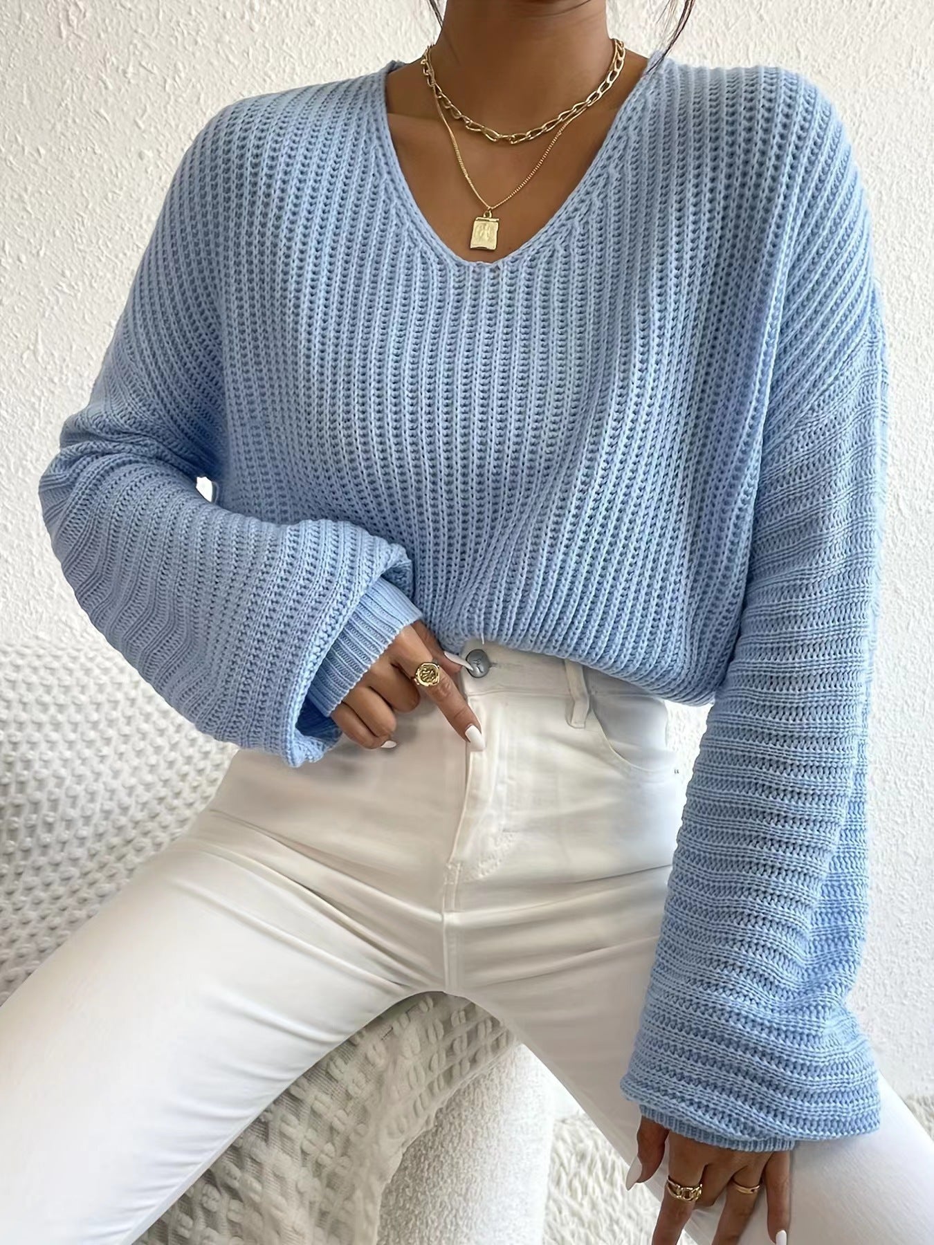 Damen lässiger Sweater mit weitem V-Ausschnitt und langen Ärmeln R&B