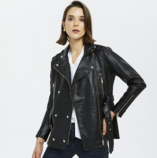 Damen zeitlose Bikerjacke aus Kunstleder mit Gürtel und Reißverschlussdetails R&B