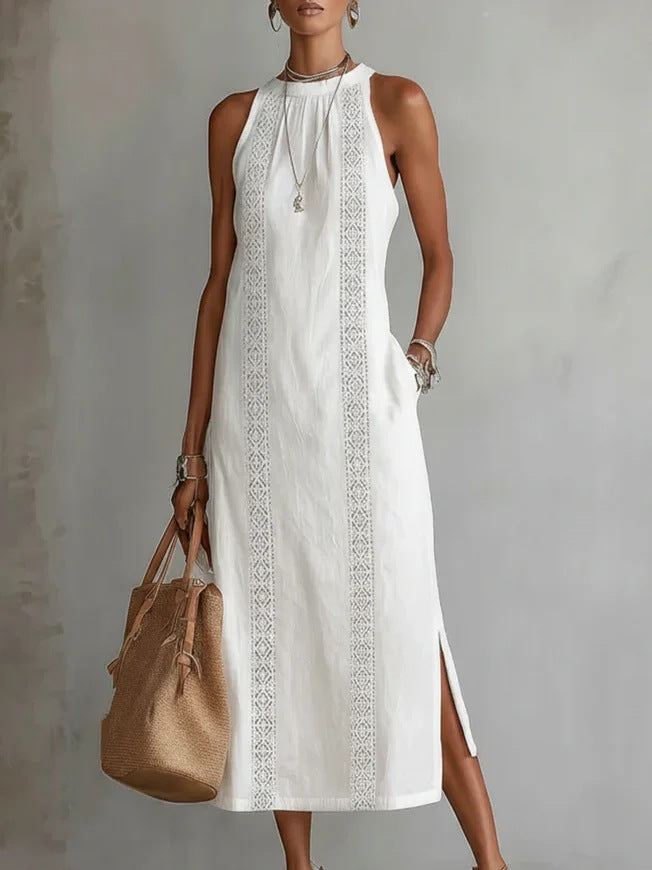 Damen Elegantes Sommer-Maxi-Kleid mit Spitzenapplikation und seitlichem Schlitz Heidi-Mode