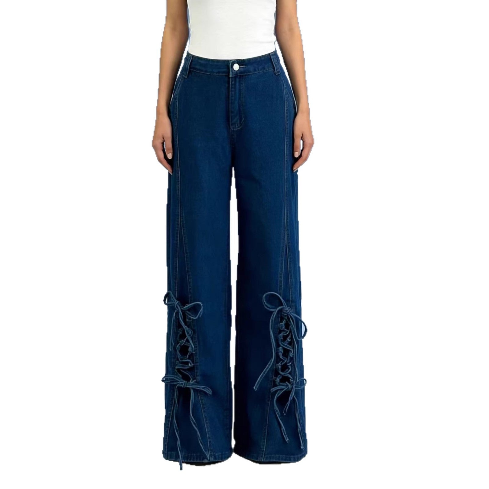 Damen Schlagjeans mit trendigem Schnürdetail und weitem Bein