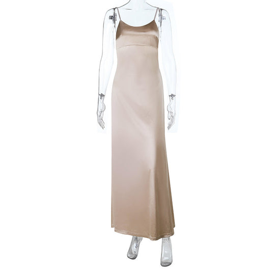 Damen Elegantes Satin-Maxikleid mit hauchdünnen Spaghettiträgern R&B