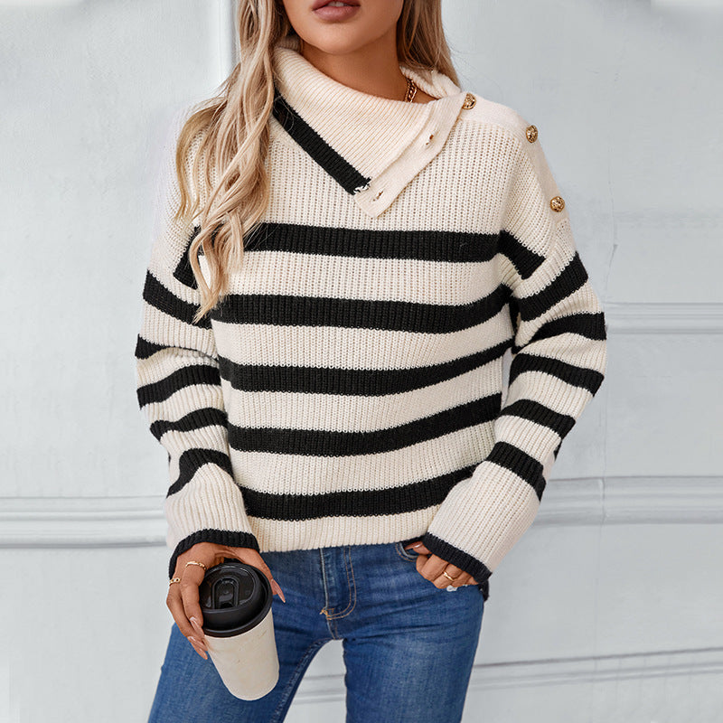 Damen Rollkragenpullover mit Knopfdetails und Streifendesign