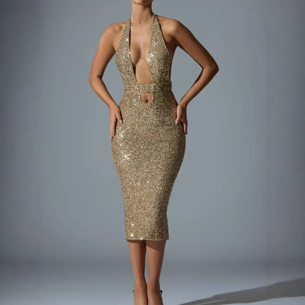 Damen Glamouröses Pailletten-Midi-Kleid mit tiefem V-Ausschnitt und figurbetonter Silhouette R&B