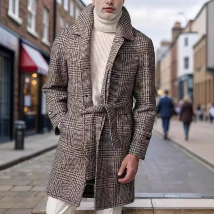 Herren eleganter Trenchcoat mit modernem Karomuster und Taillengürtel R&B