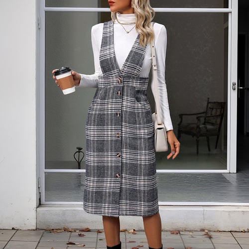 Damen Karierter Jumpsuit mit dezenter Knopfleiste und breiten Trägern R&B