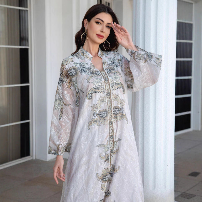 Damen Elegante Kaftan mit floralem Design und transparenten Ärmeln R&B