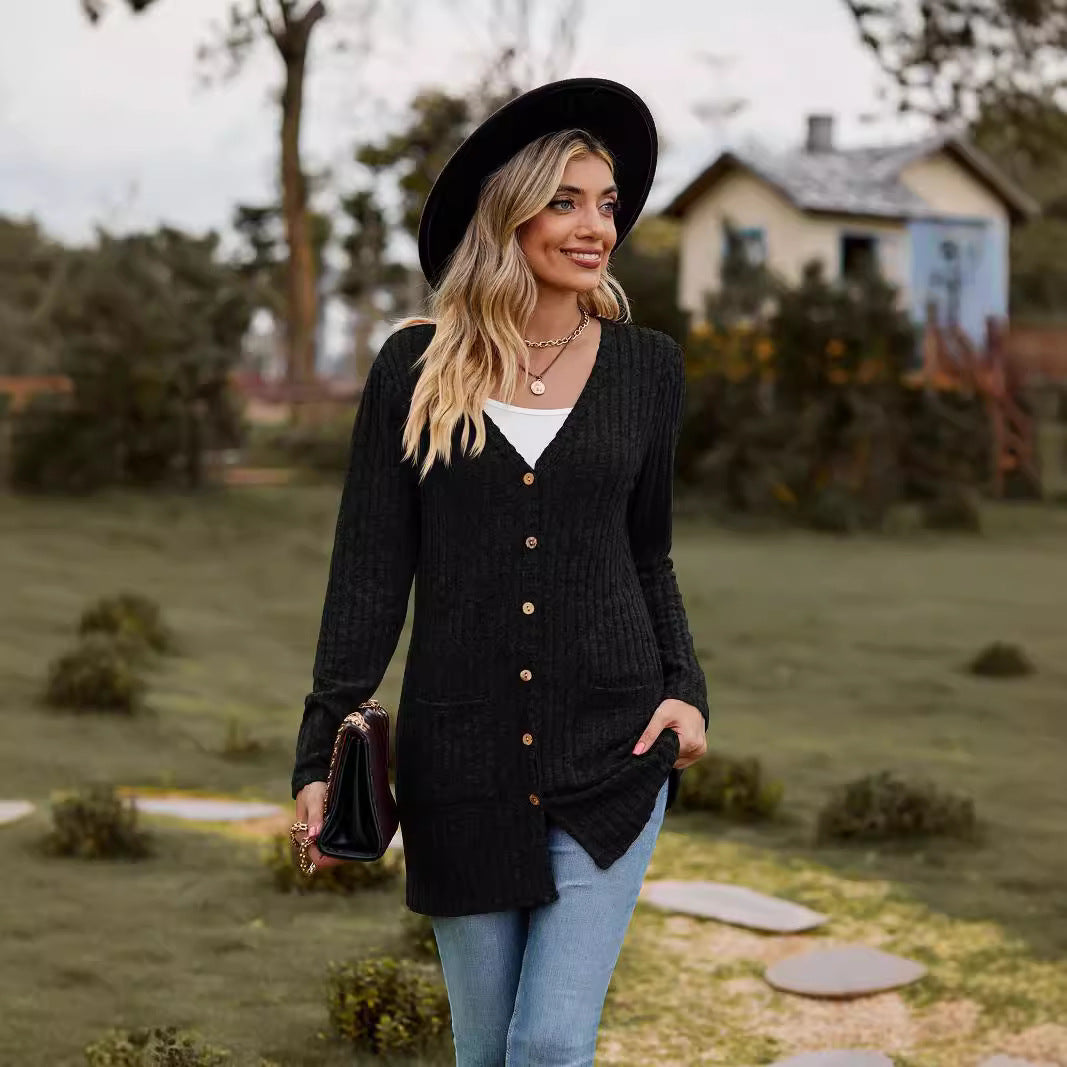 Damen Strickjacke mit langen Ärmeln und praktischen Taschen R&B