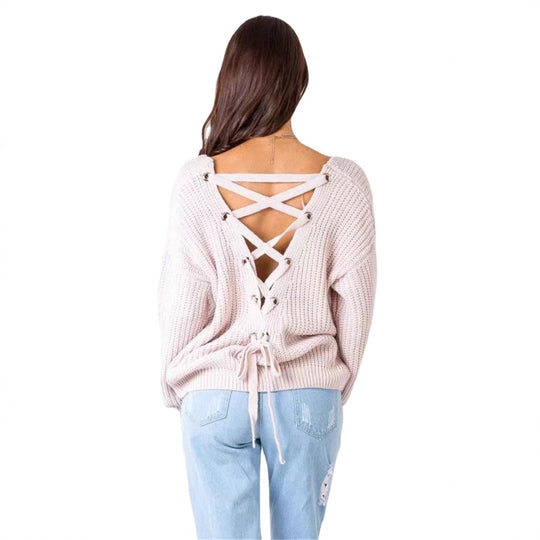 Damen Strickpullover mit dekorativem Rückenausschnitt und Schnürung R&B